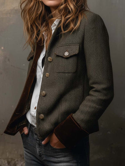 Vintage women's herringbone blazer with contrast trim