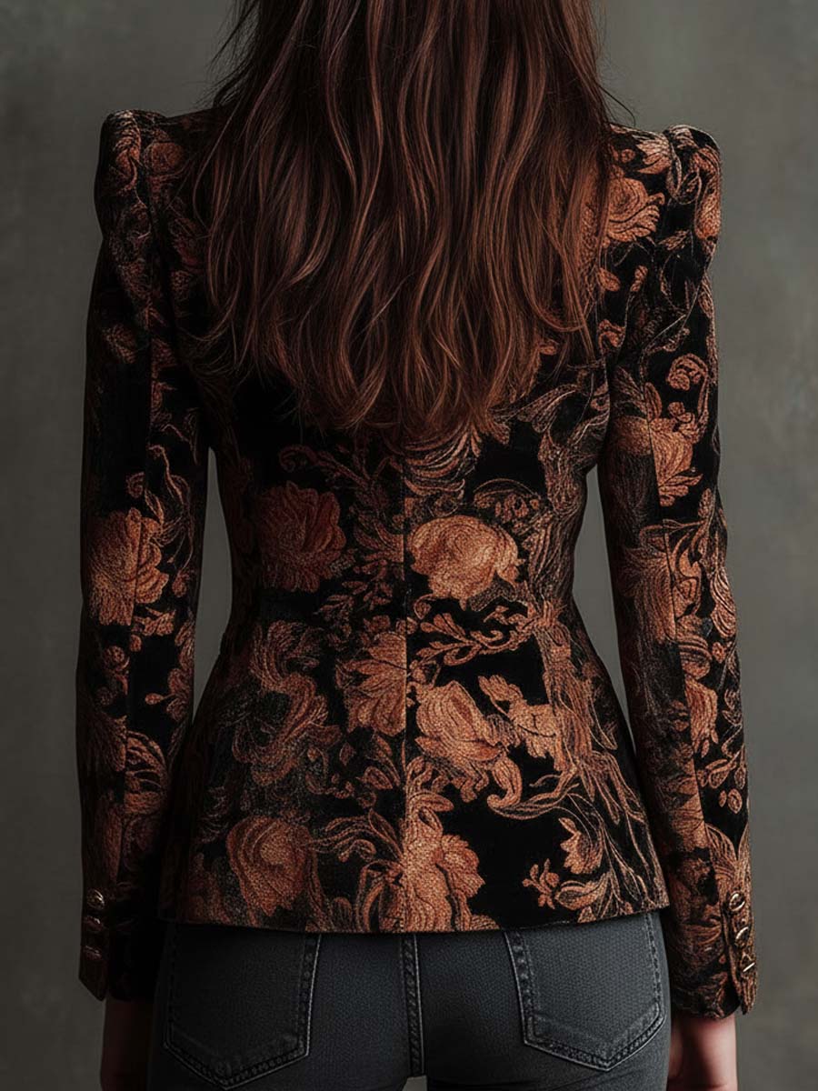 Women's blazer with an elegant black and brown floral pattern