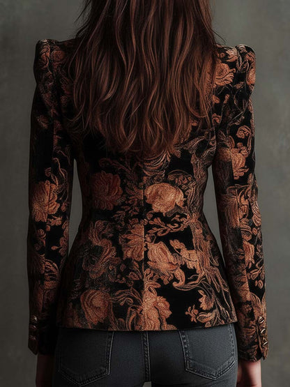 Women's blazer with an elegant black and brown floral pattern