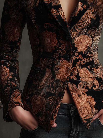 Women's blazer with an elegant black and brown floral pattern