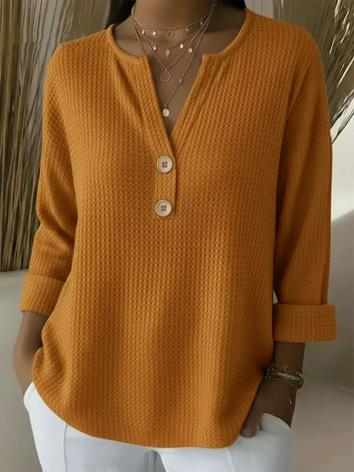Bluzka Henley z Teksturowanego Materiału z Guzikami Lucja
