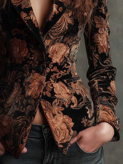 Women's blazer with an elegant black and brown floral pattern
