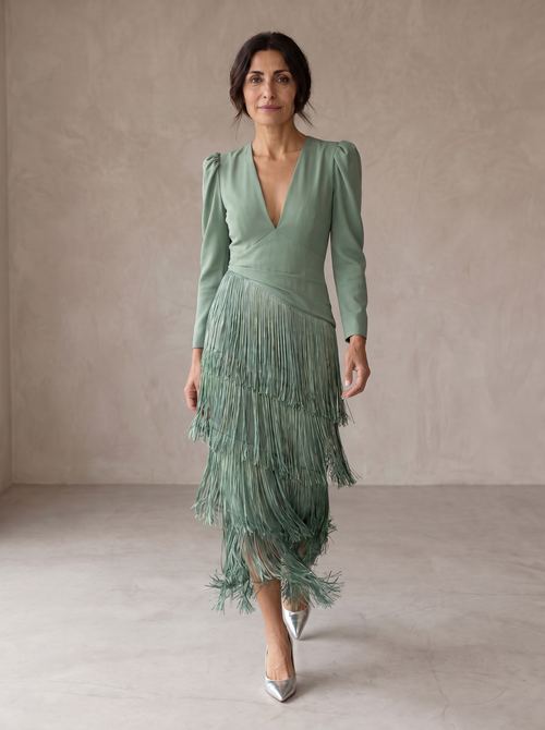 Klara | Elegancka sukienka z frędzlami przy rękawach